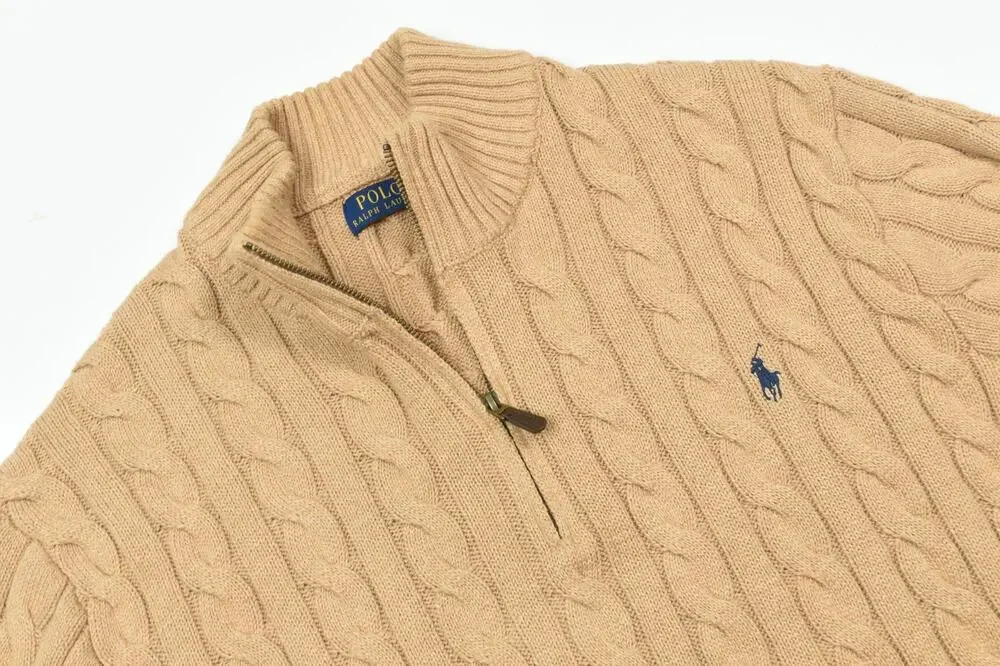 Polo Ralph Lauren Cableknit Sweater Mens 2XLT Beige Cotton Long Sleeve 1/4 Zip